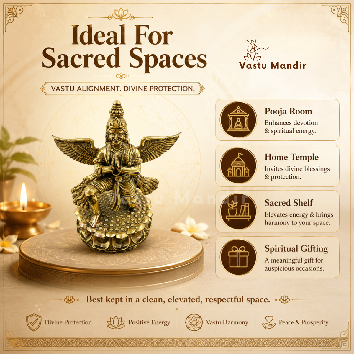 Garud Dev brass idol displayed in a sacred space setting