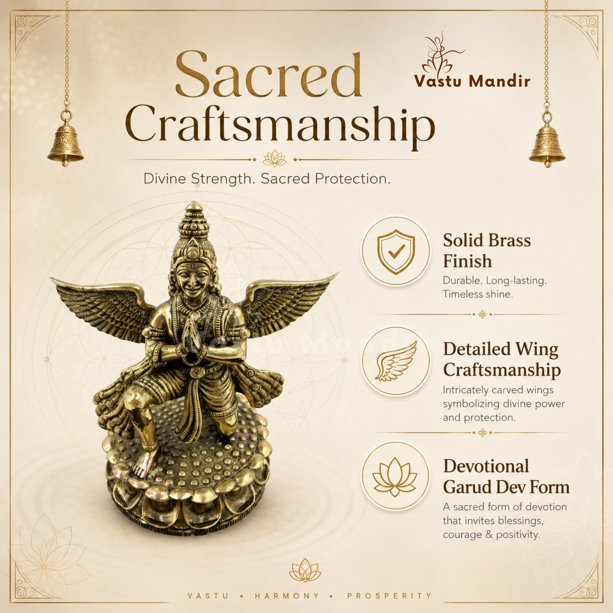 Garud Dev brass idol feature infographic highlighting the wings and seated pose