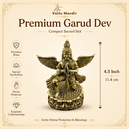 Garud Dev brass idol dimension and product-detail infographic on a beige background