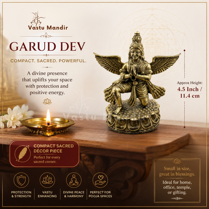 Garud Dev brass idol craftsmanship infographic on a wooden platform with a candle