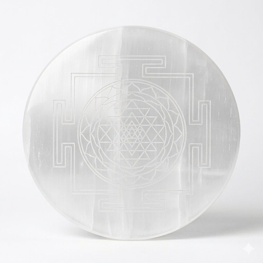 Shree Yantra Selenite Plate – Vastu Remedy for Wealth Attraction | Prosperity Abundance | 3 Inch