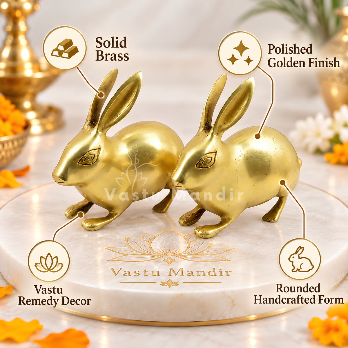 Golden Rabbit Brass Idol – Auspicious Vastu Remedy for Wealth Attraction & Prosperity | Ideal for North Direction, Office Desk & Home Entrance | 13 x 4.5 x 11.5 cm | 670 g