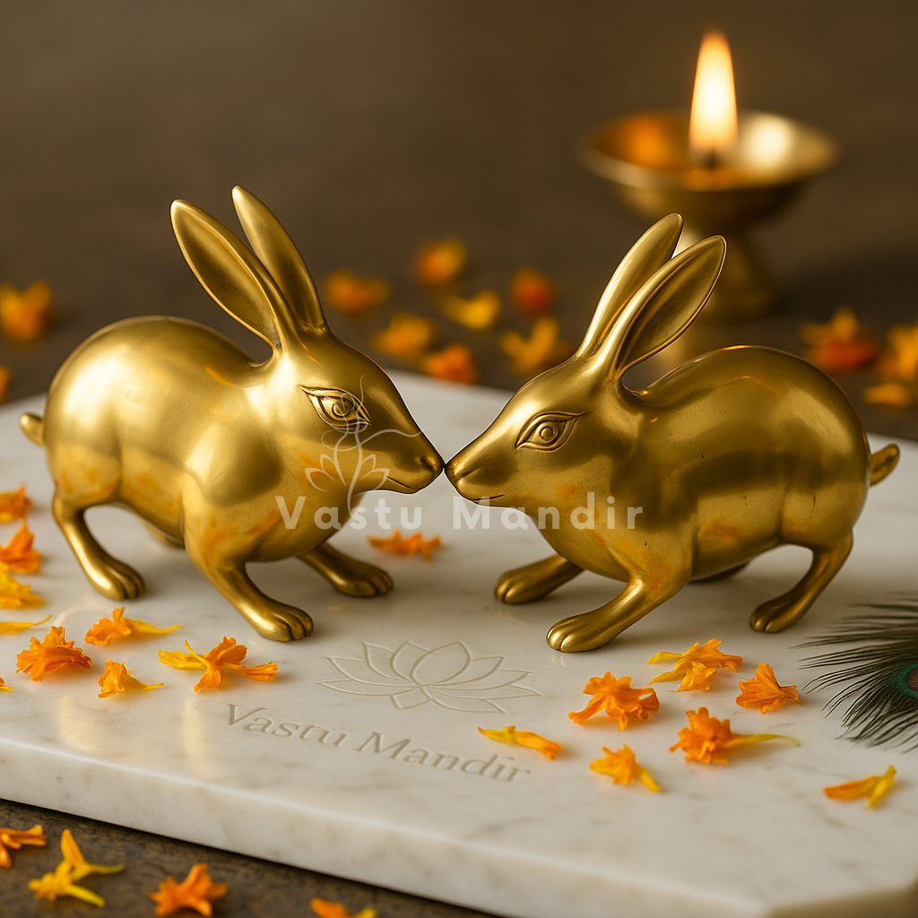 Pair of Golden Rabbit, 100% Pure Brass Statue Idol on a marble surface with flowers and a candle in the background, branded 'Vastu Mandir'.