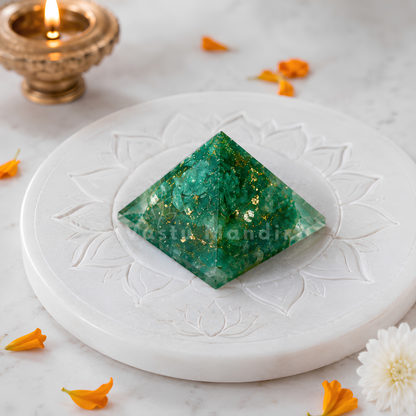 Green Aventurine Orgone Pyramid, orgonite – close product view highlighting material texture