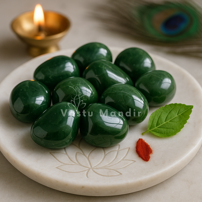 Green stones on a decorative plate with a lit candle and peacock feather in the background