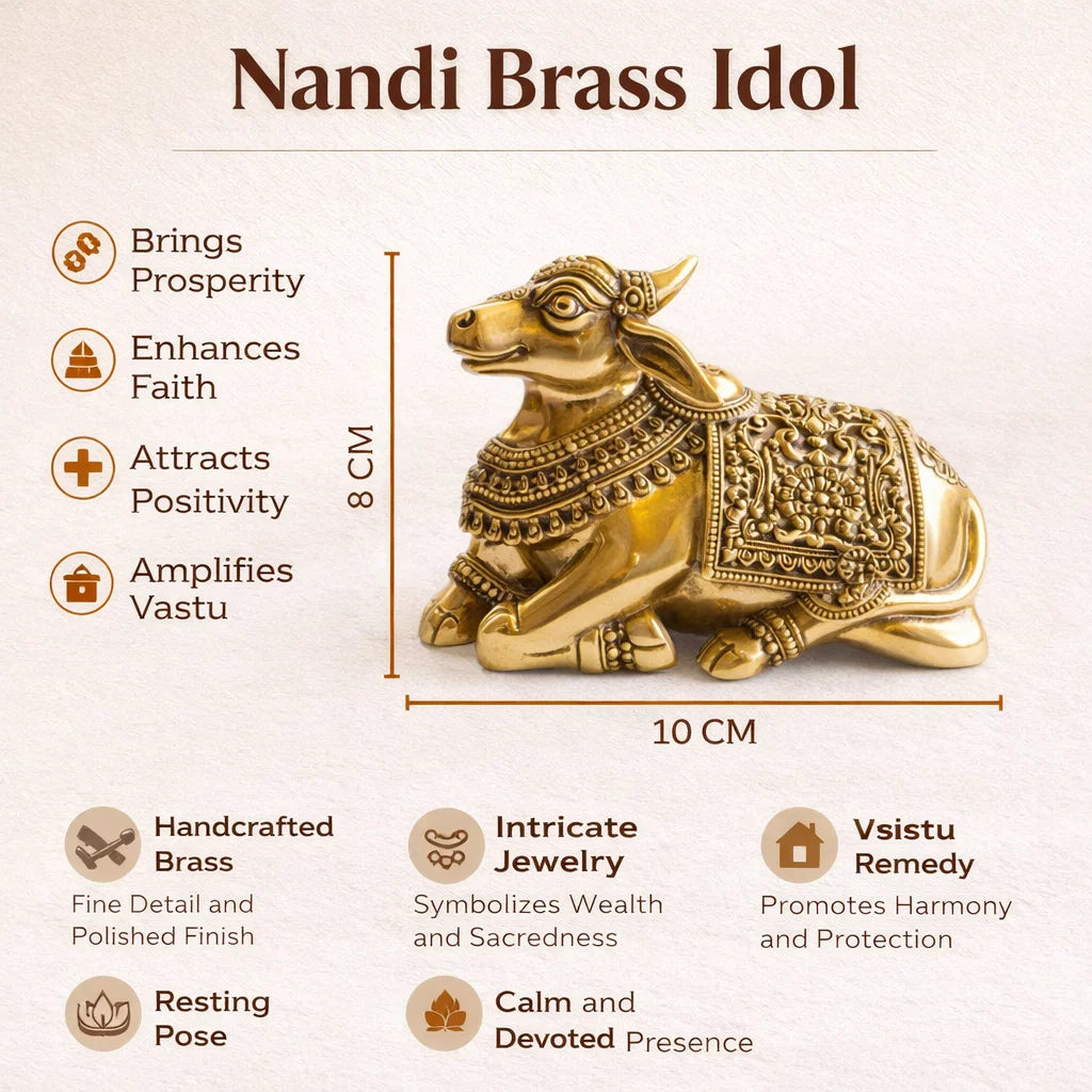 Nandi Brass Idol with features and benefits on a beige background