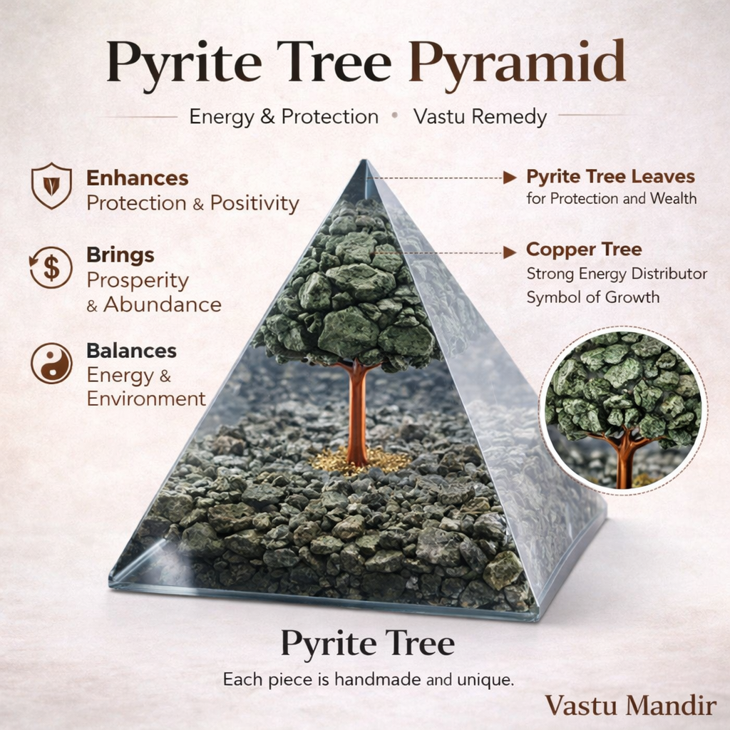 Pyrite Tree Pyramid with text on energy, protection, and Vastu remedies.