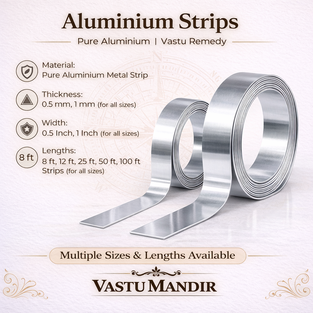 Aluminium strips with product details on a white background, branded as Vastu Mandir.
