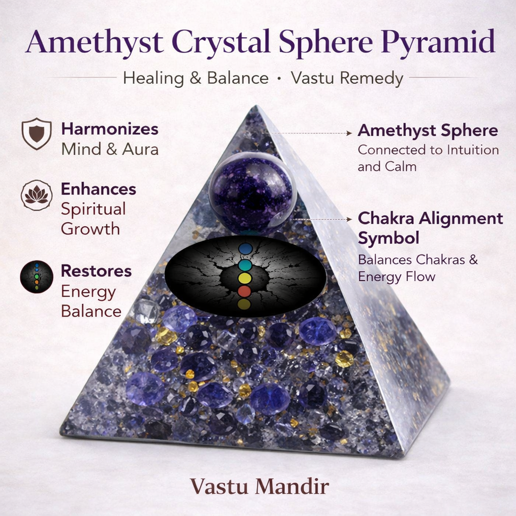 Amethyst crystal sphere pyramid with healing benefits on a white background