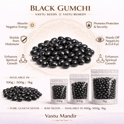 Black gumchi seeds with their benefits and packaging options on a white background.