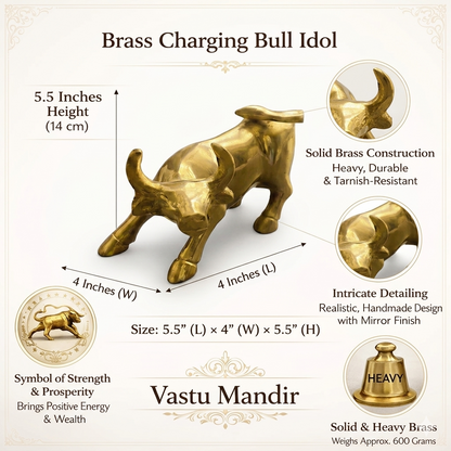 Brass Charging Bull Idol Vastu Remedy for South West Wealth Activation, Career Momentum and Financial Growth for Office Desk and Business Success | 14 x 10 x 10 cm | 520 gm