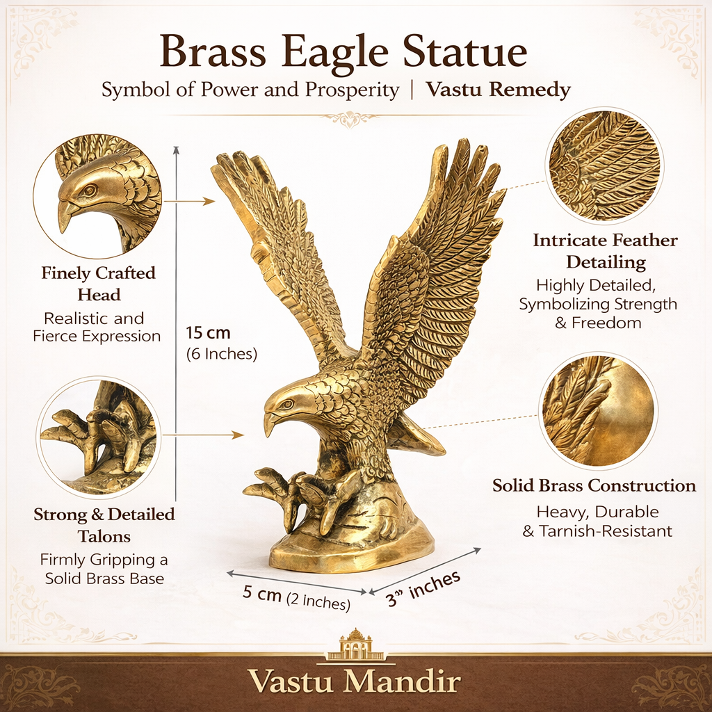 Brass eagle statue with detailed features and Vastu Mandir branding