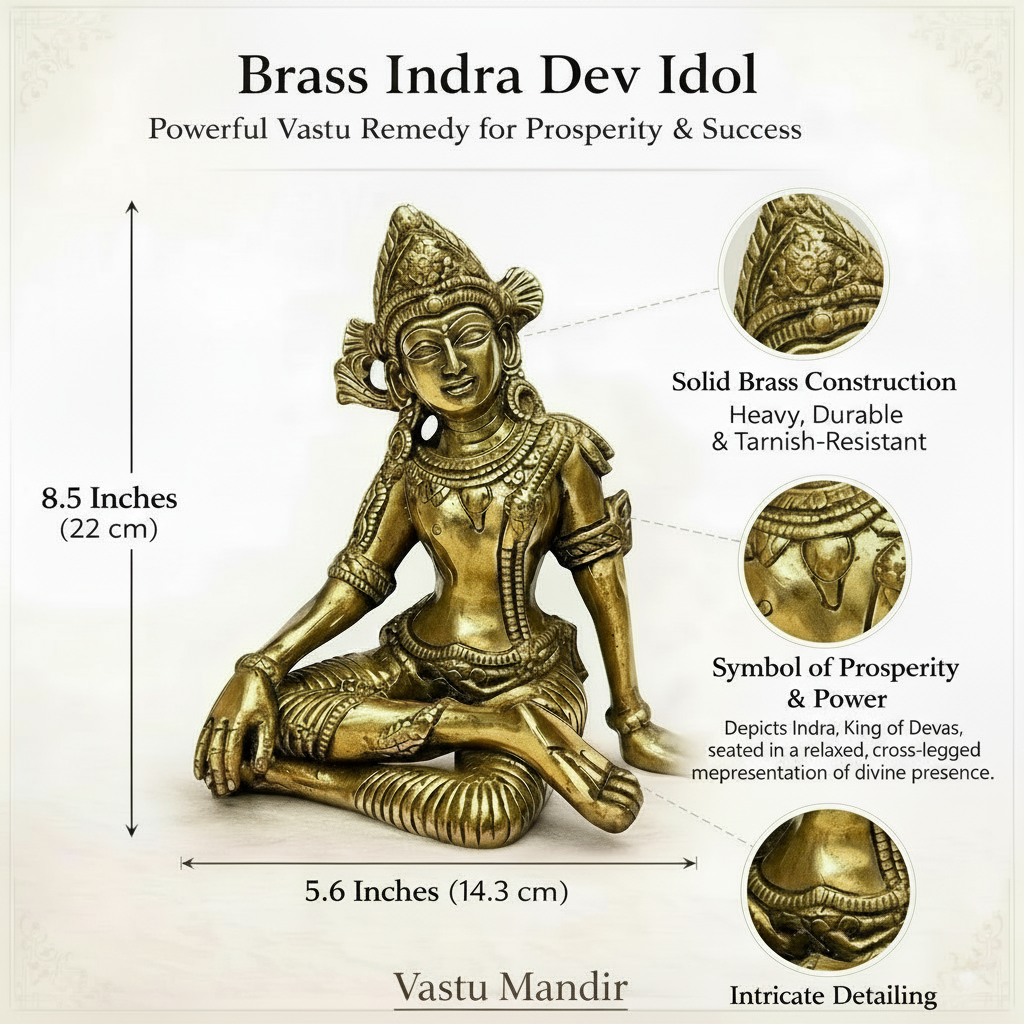Brass Indra Dev Idol with features and measurements on a white background