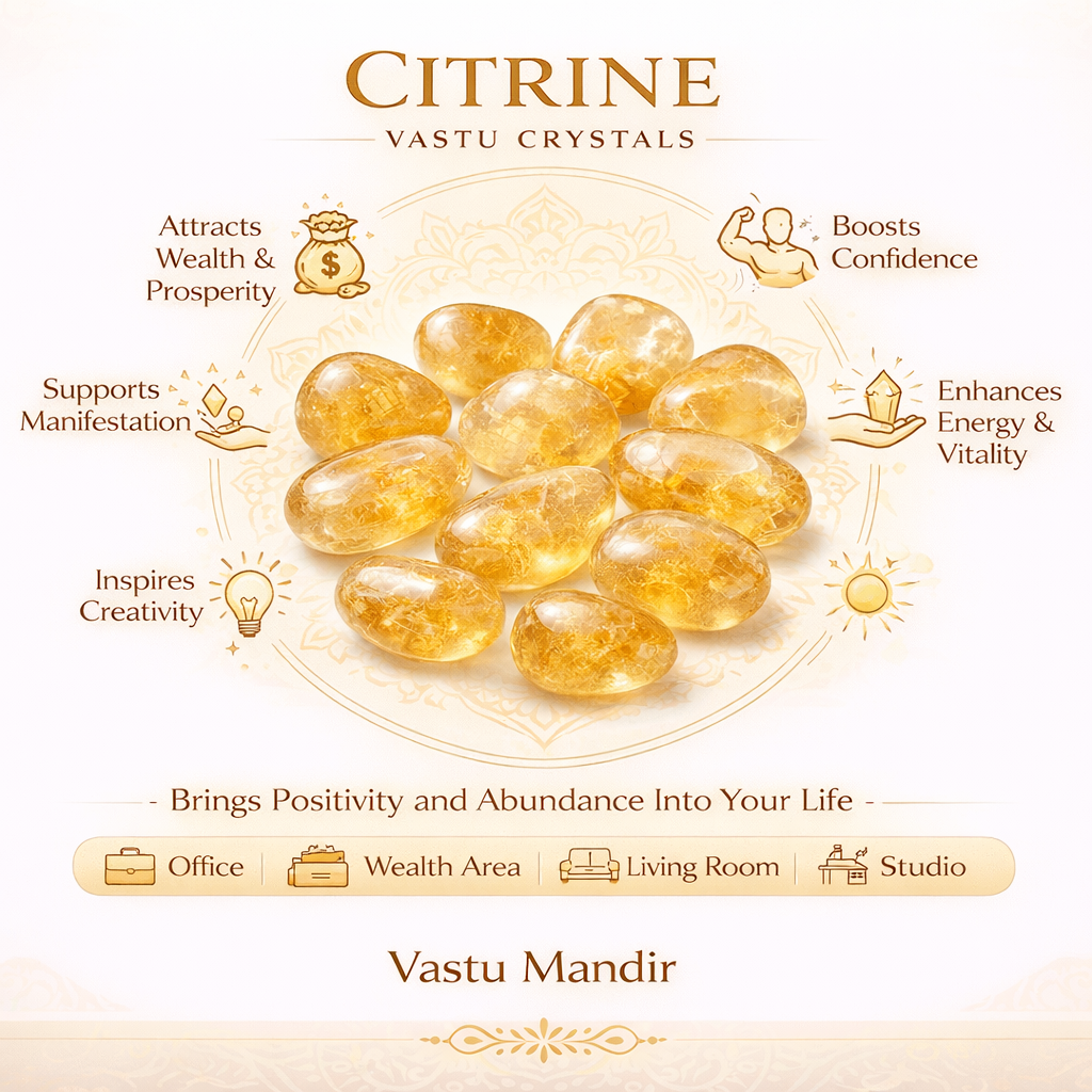 Citrine tumbled stones infographic listing visible product features and suggested placement