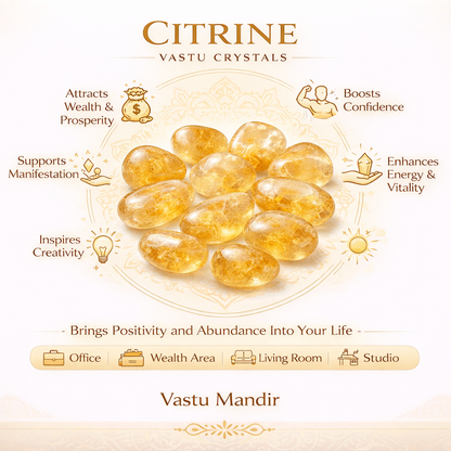 Citrine tumbled stones infographic listing visible product features and suggested placement