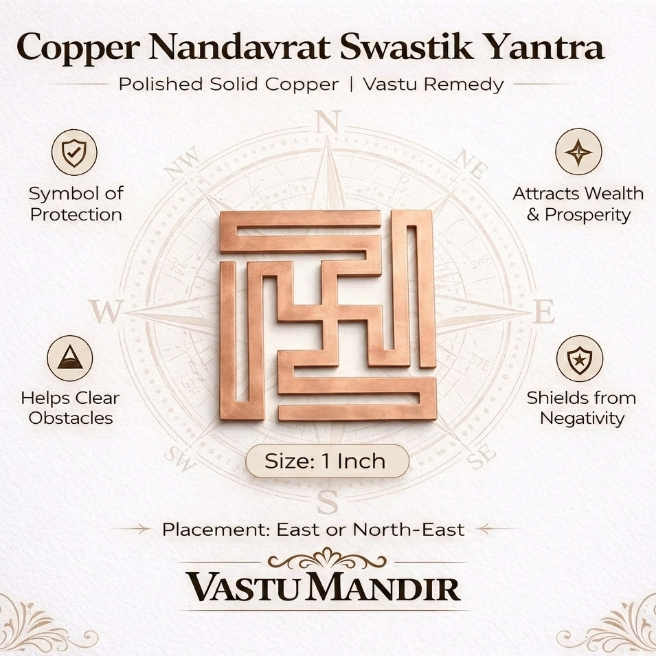 Copper Nandavrat Swastik Yantra with Vastu Mandir branding on a white background