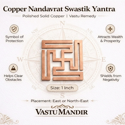 Copper Nandavrat Swastik Yantra with Vastu Mandir branding on a white background
