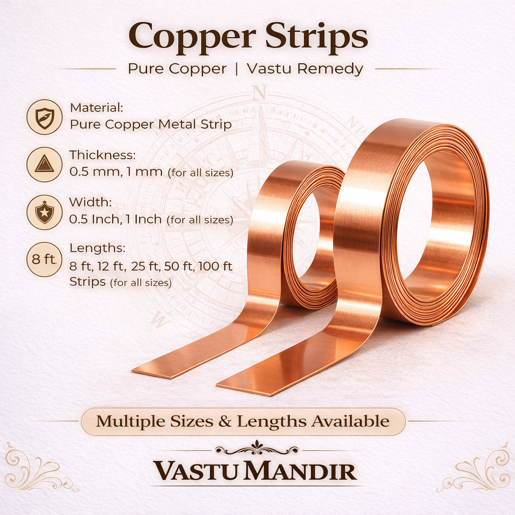 Copper strips with product details on a white background, branded as Vastu Mandir.