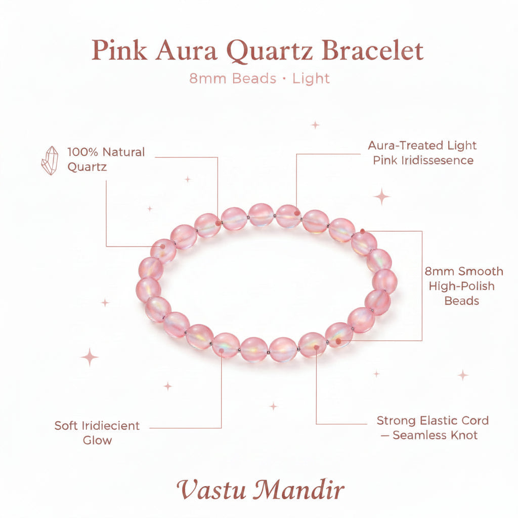 Infographic of Pink Aura Quartz Bracelet — 8mm Beads (Light) by Vastu Mandir on a white background with floral elements