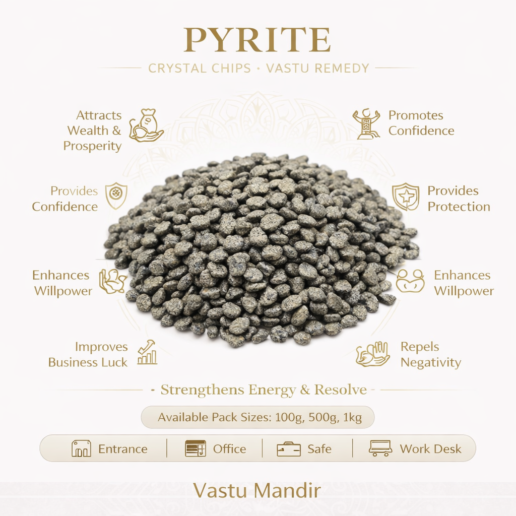 Pyrite crystal chips with benefits listed on a white background