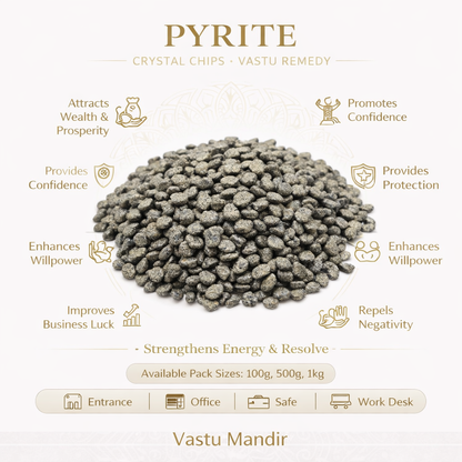 Pyrite crystal chips with benefits listed on a white background