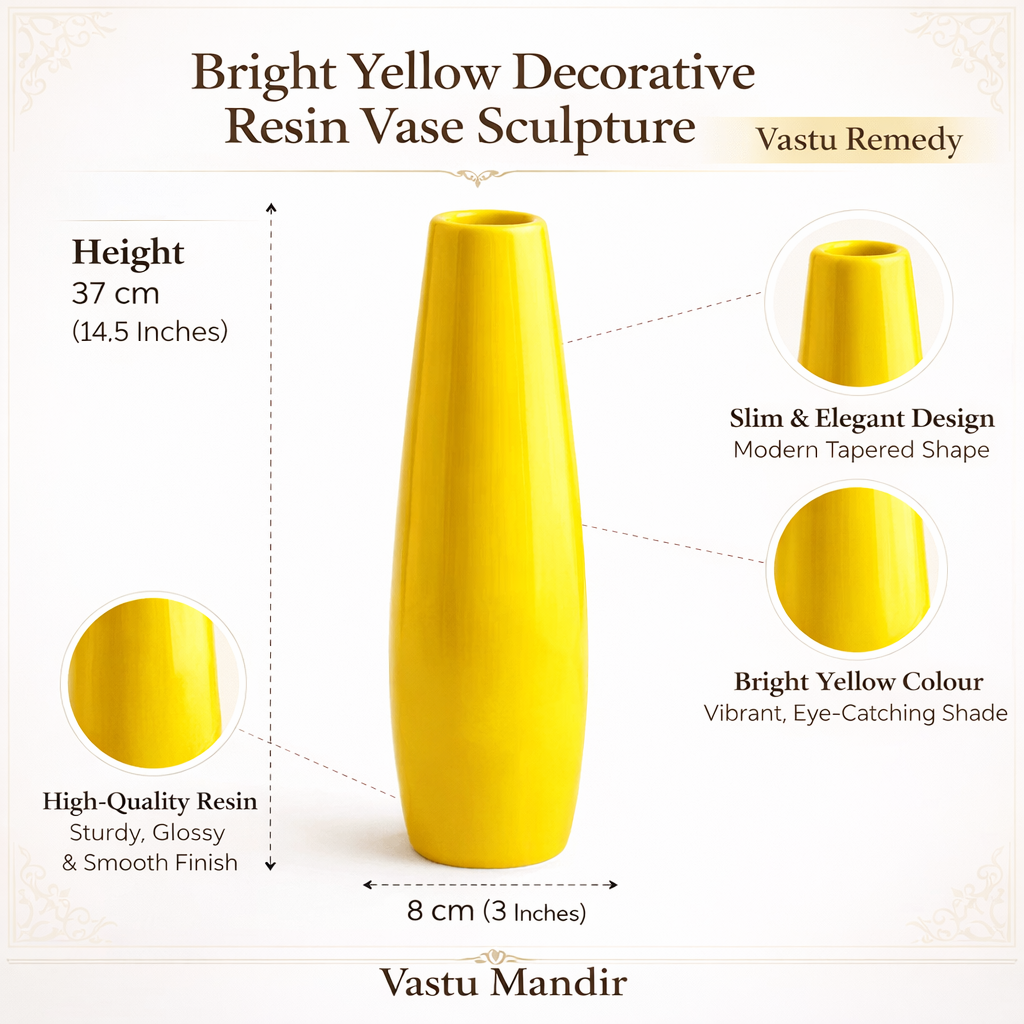Yellow decorative resin vase with product details on a white background