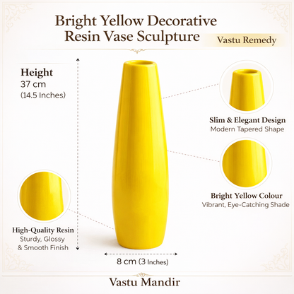 Yellow decorative resin vase with product details on a white background