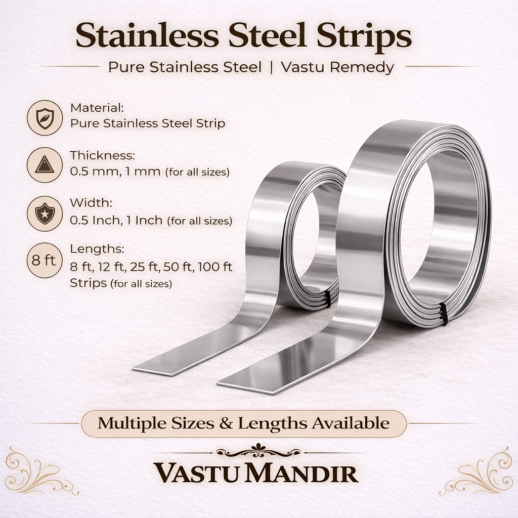 Stainless steel strips with product details on a white background, branded as Vastu Mandir.