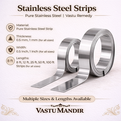 Stainless steel strips with product details on a white background, branded as Vastu Mandir.