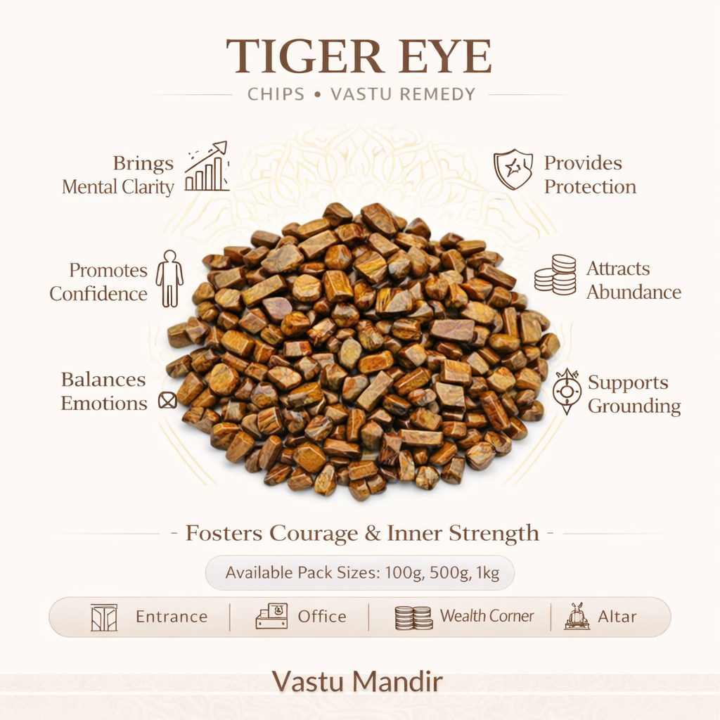Tiger eye chips with benefits listed on a beige background