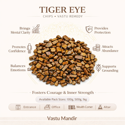 Tiger eye chips with benefits listed on a beige background
