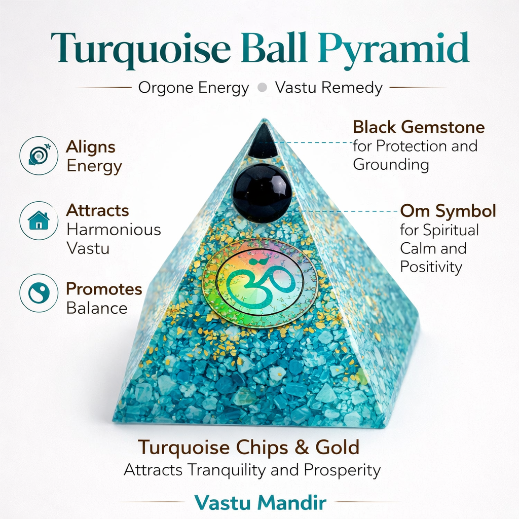 Turquoise ball pyramid with black gemstone, Om symbol, and text on a white background