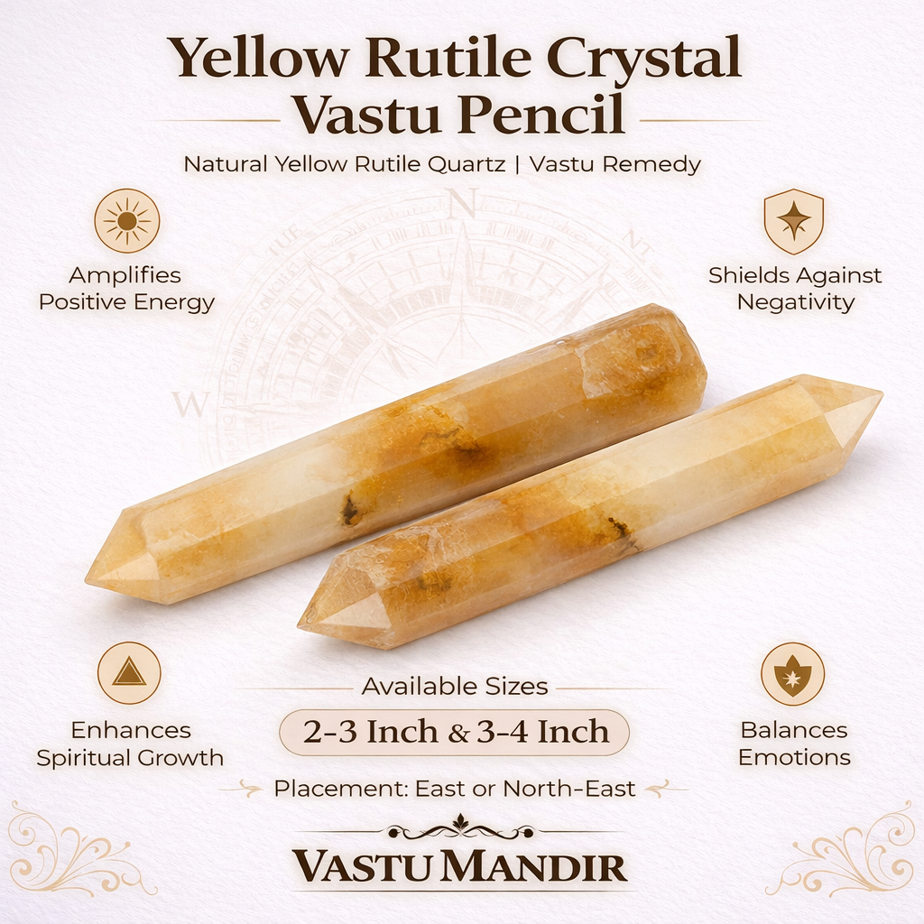 Yellow Rutile Crystal Vastu Pencil with benefits and details on a white background
