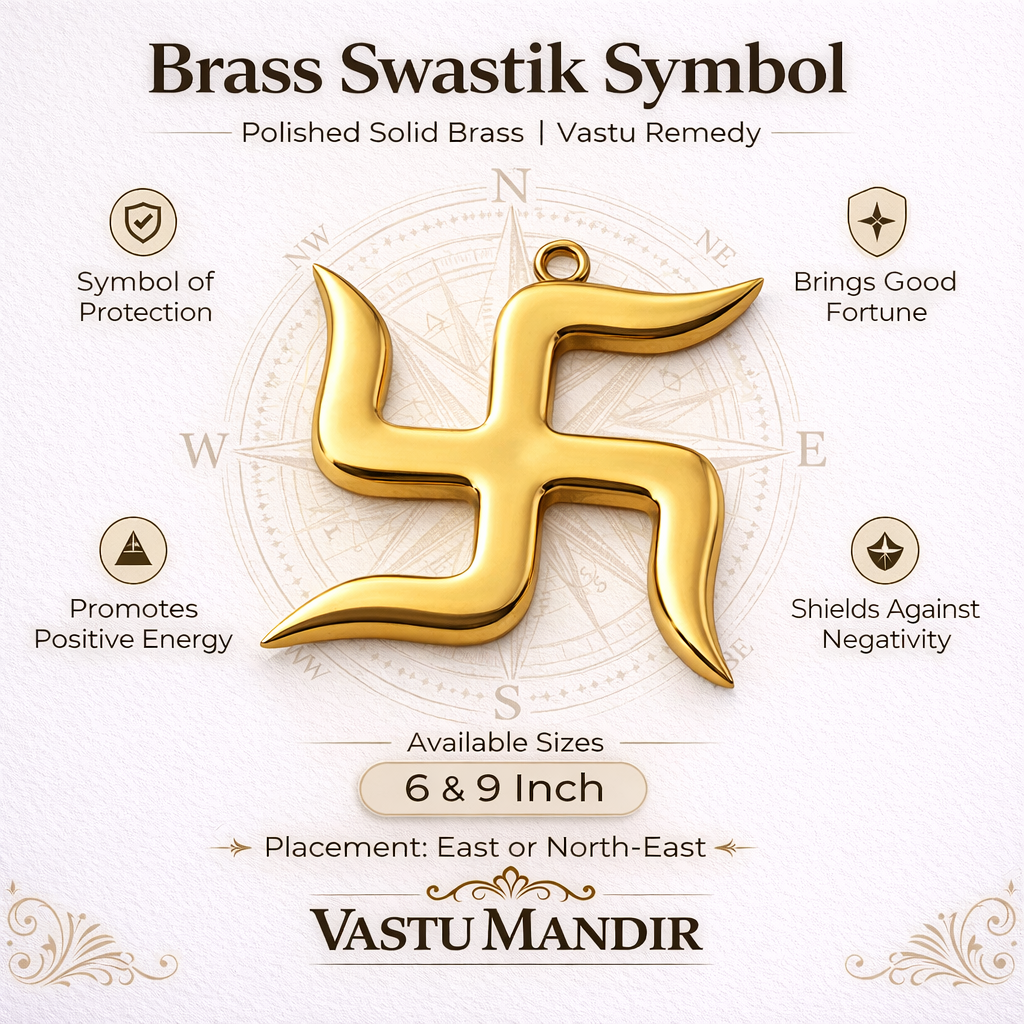 Brass swastik symbol with Vastu Mandir branding on a white background