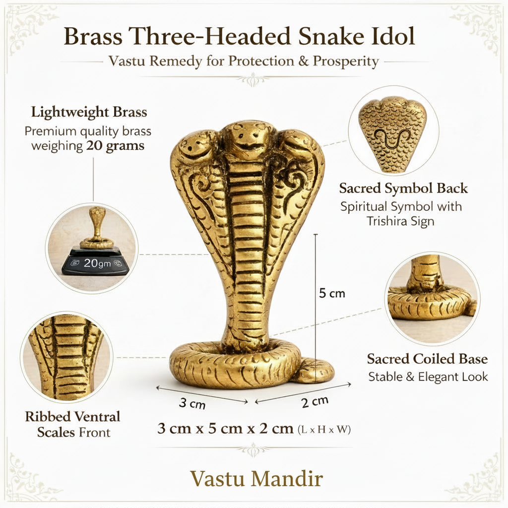 Brass three-headed snake idol with details on a white background