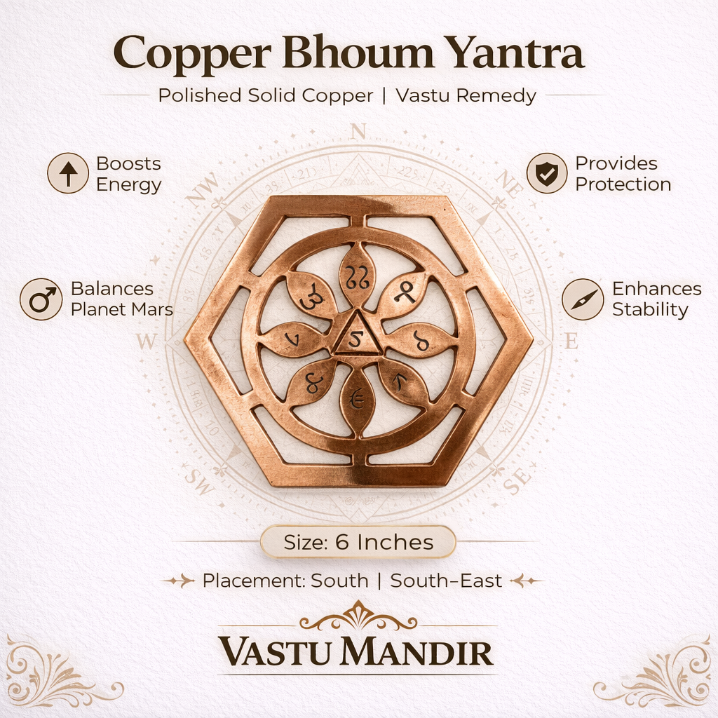 Copper Bhoom Yantra with features and benefits on a white background