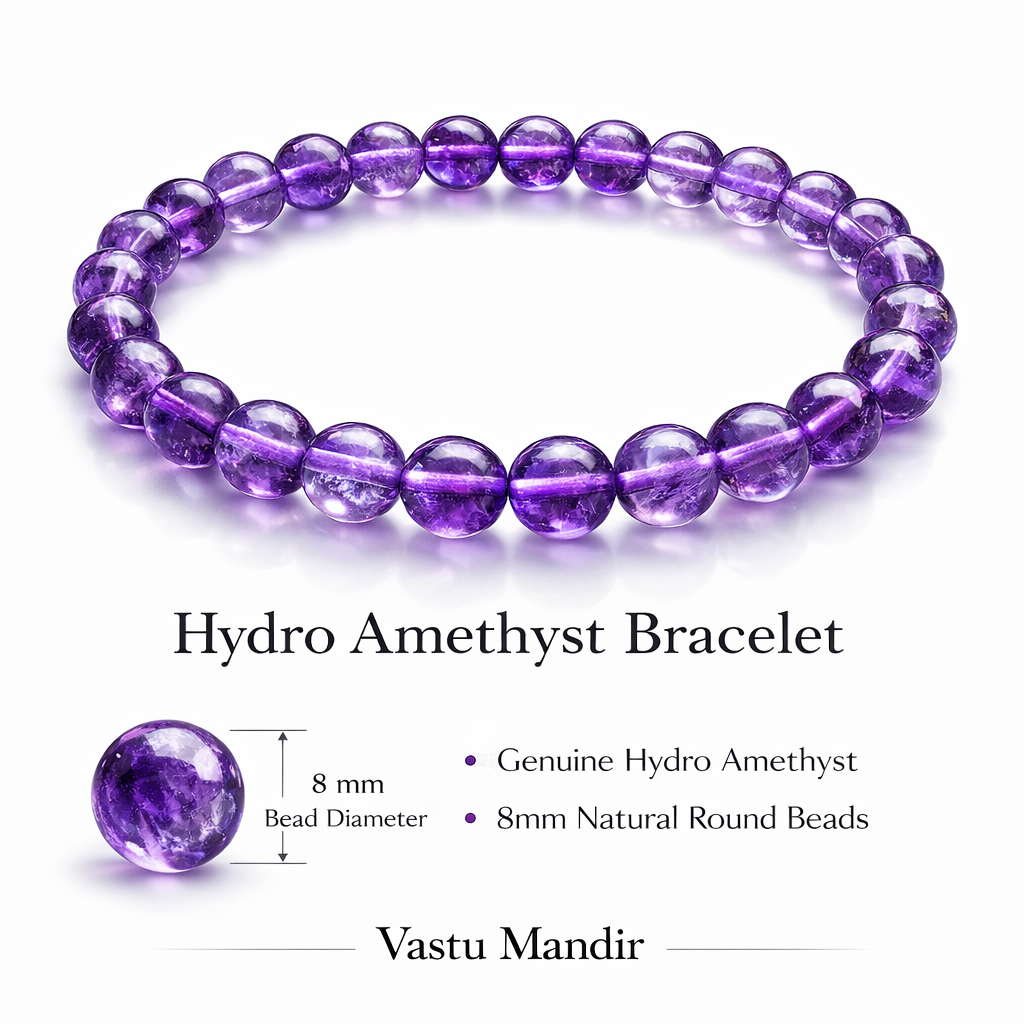 Purple hydro amethyst bracelet with 8 mm bead size and Vastu Mandir brand information on a white background