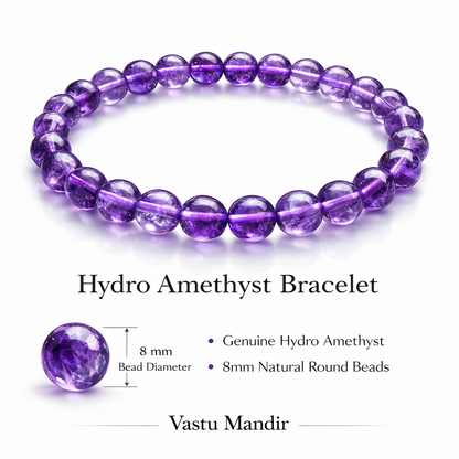 Purple hydro amethyst bracelet with 8 mm bead size and Vastu Mandir brand information on a white background