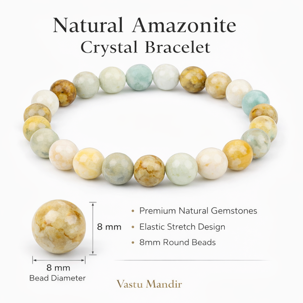Natural Amazonite Crystal Bracelet with bead measurements and product details on a white background