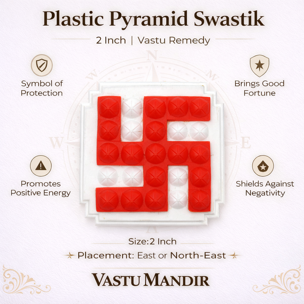Red plastic pyramid swastik with Vastu Mandir branding and features on a white background