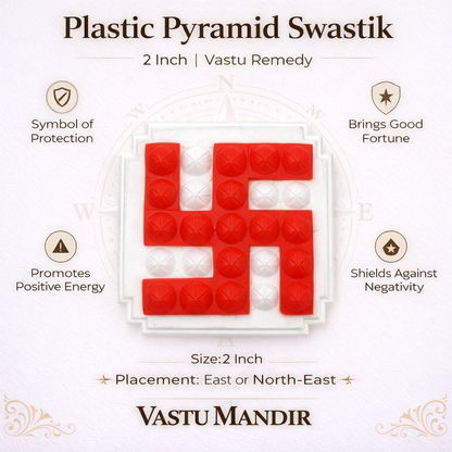 Red plastic pyramid swastik with Vastu Mandir branding and features on a white background