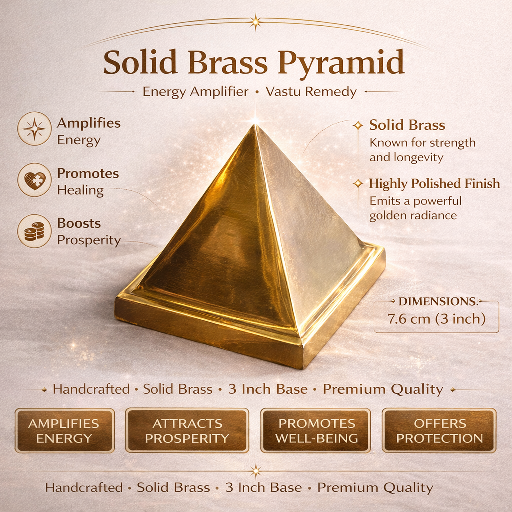 Solid Brass Pyramid with features and benefits on a beige background