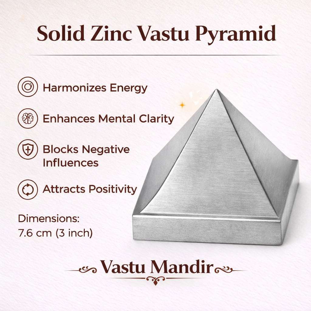 Solid Zinc Vastu Pyramid with benefits listed on a white background