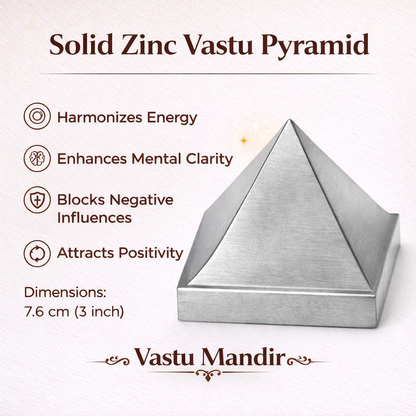 Solid Zinc Vastu Pyramid with benefits listed on a white background