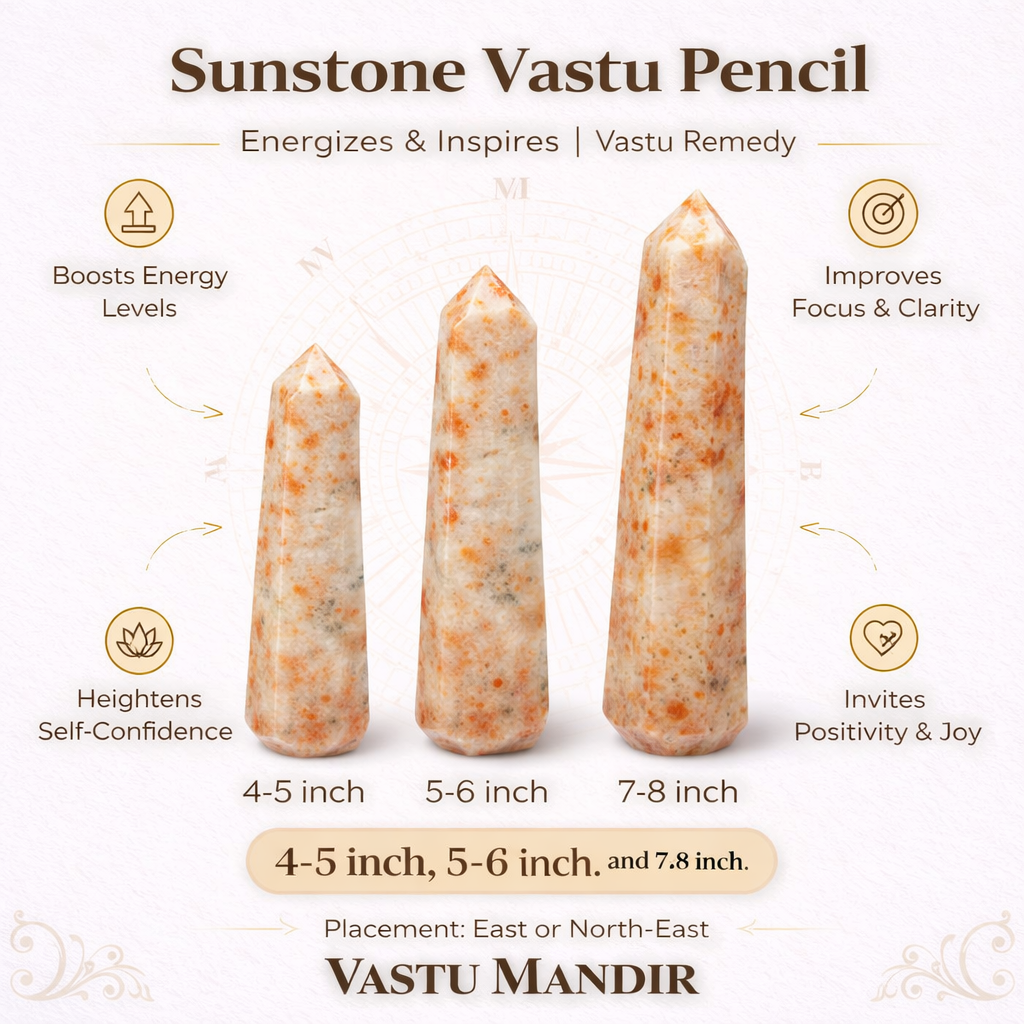 Sunstone Vastu Pencils with benefits and size information on a white background