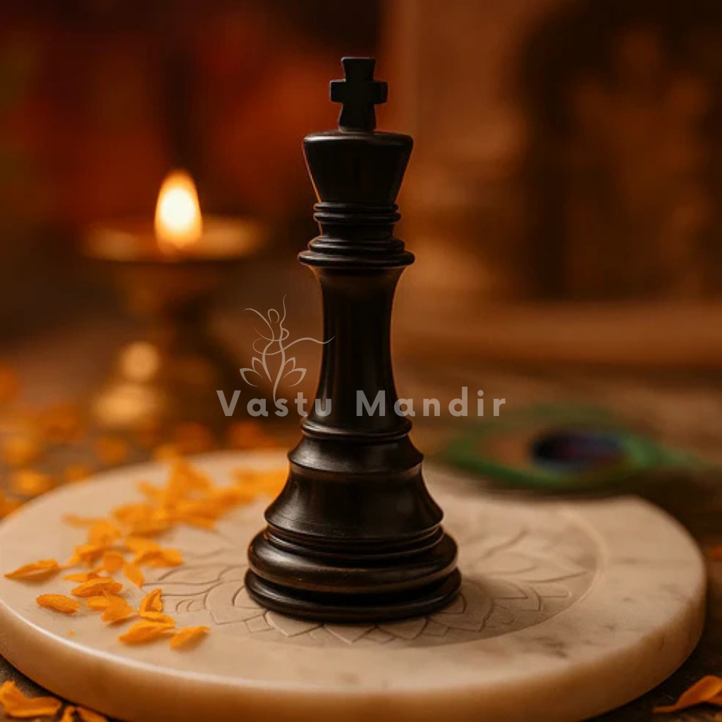 Resin King Chess Piece on a decorative plate with a candle in the background, featuring 'Vastu Mandir' branding.