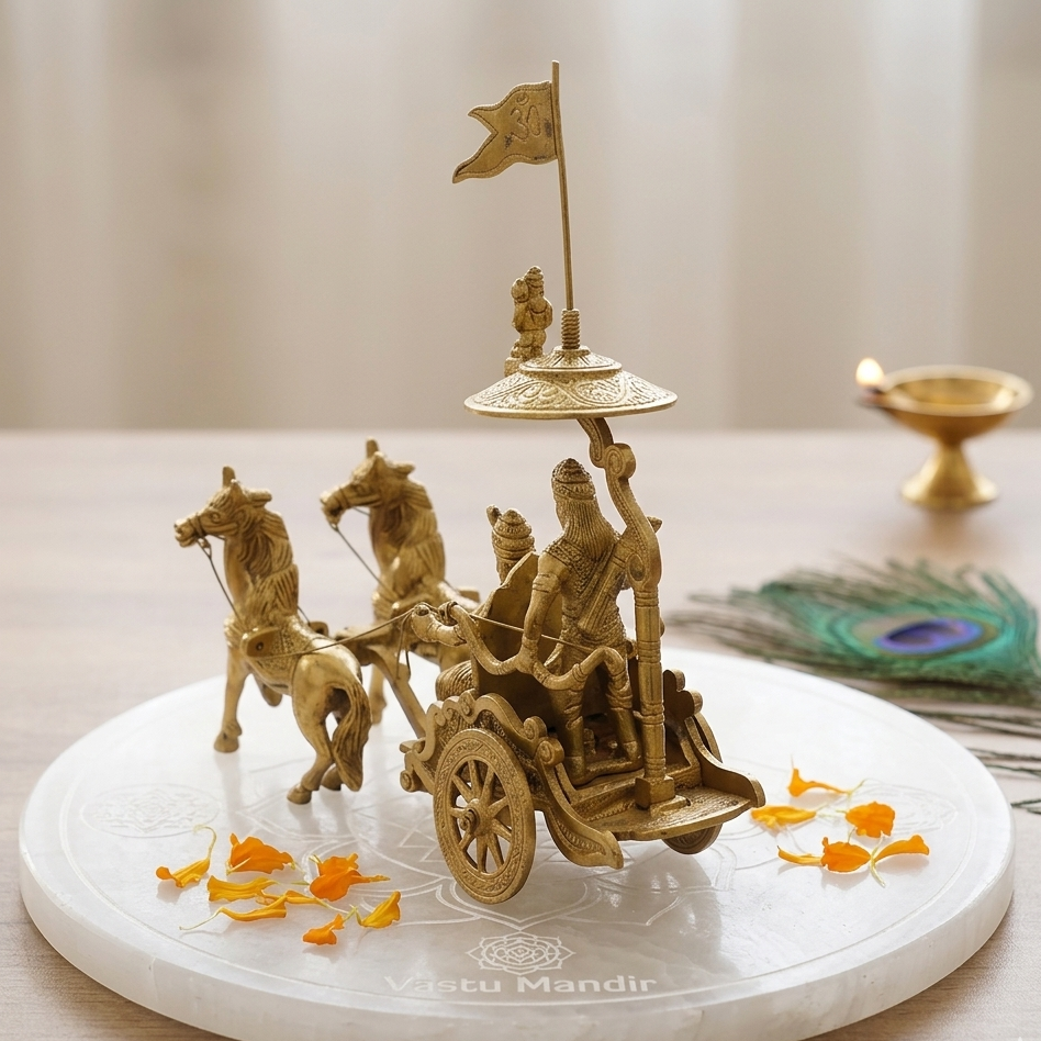 Krishna and Arjuna's 2-horse Rath statue on a white base, featuring 'Vastu Mandir' branding.