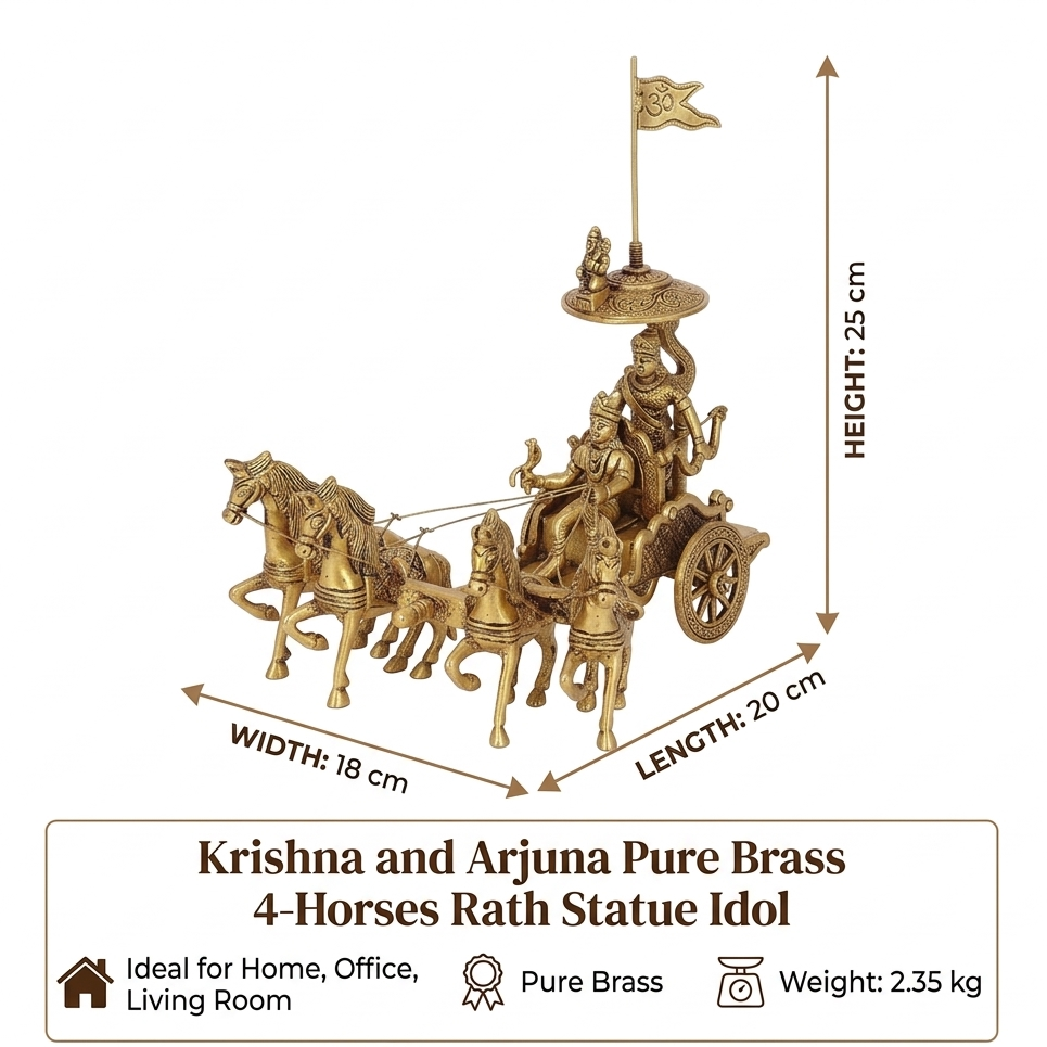 Krishna and Arjuna's Pure Brass 4-Horses Rath Statue Idol Decorative Showpiece for Home, Office, Living Room by Vastu Mandir | 24 x 18 x 23cm | 2.35 kg 