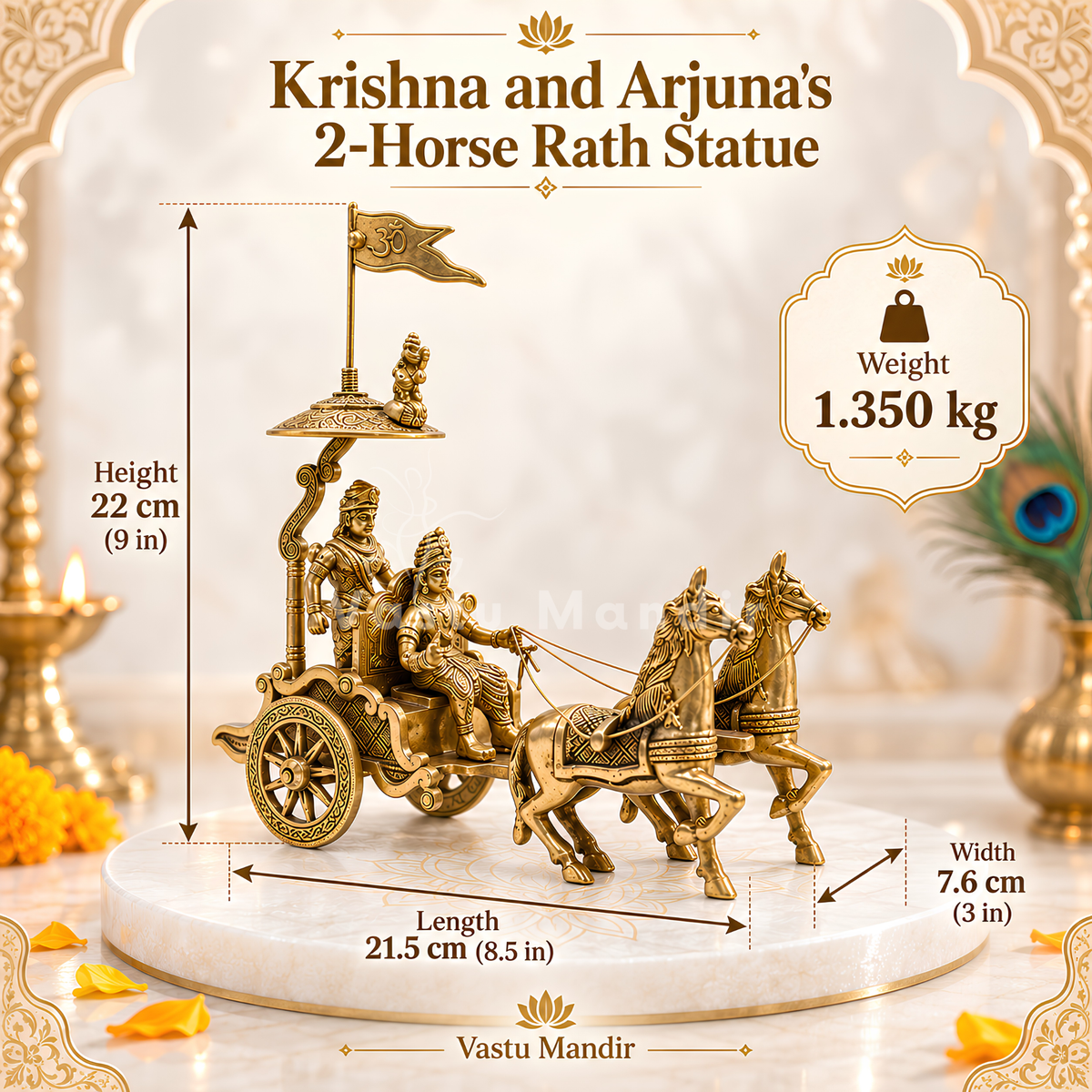 Krishna and Arjuna's Pure Brass 2-Horses Rath Statue Idol Decorative Showpiece for Home, Office, Living Room | 21.5 x 7.6 x 22 cm | 1.350 kg