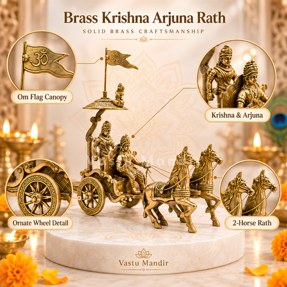 Krishna and Arjuna's Pure Brass 2-Horses Rath Statue Idol Decorative Showpiece for Home, Office, Living Room | 21.5 x 7.6 x 22 cm | 1.350 kg